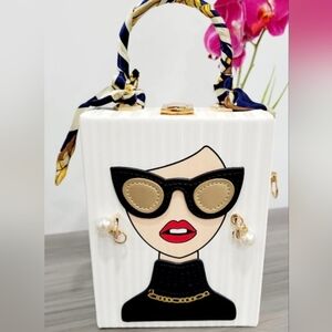 Fashion Lady Face Trendy Box Handbag for Women w/Pearl Earrings, Scarf Handle